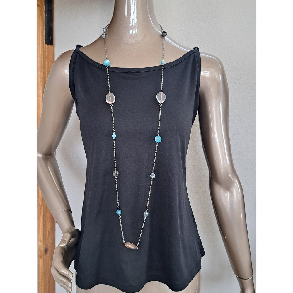 Long Silver Tone Beaded Necklace Turquoise Amber Clear Multi Strand Wrap Boho